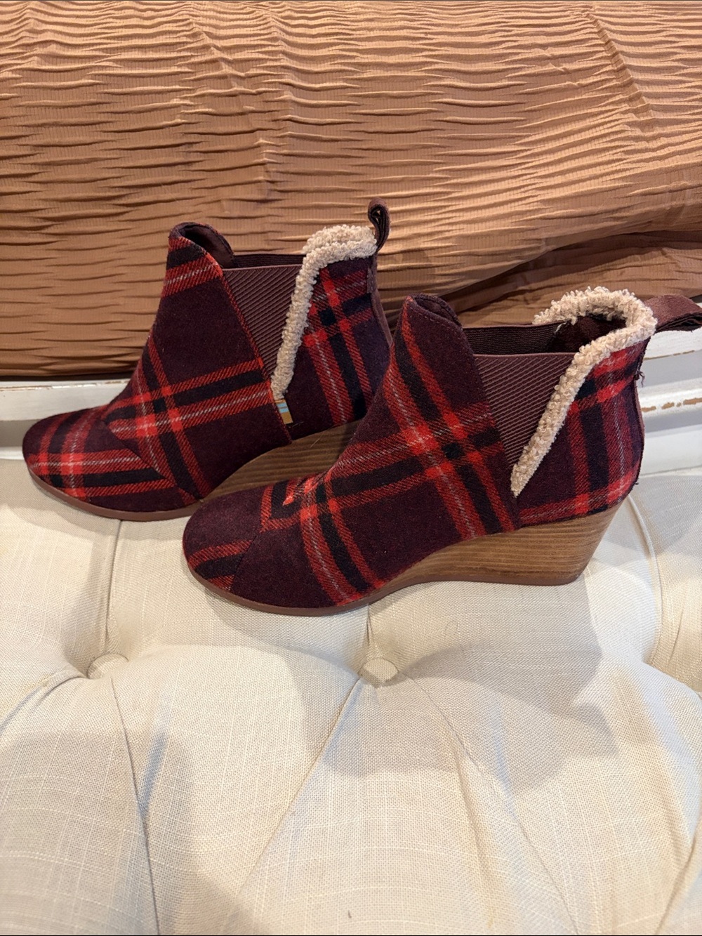 Toms Plaid Wedge Ankle Booties in Burgundy and Red with Sherpa Collar